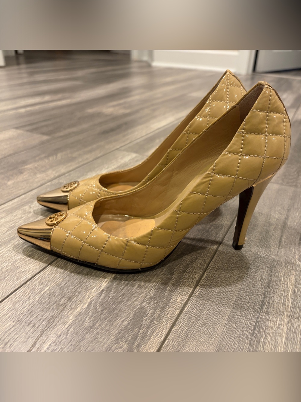Tory Burch Quilted Yellow Leather Pointed Toe Pumps with Gold Cap